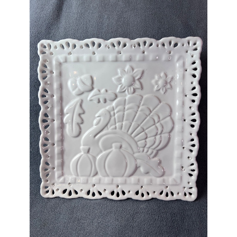 Nantucket Home White Ceramic Turkey Pumpkin Square Plate Thanksgiving Harvest 8"